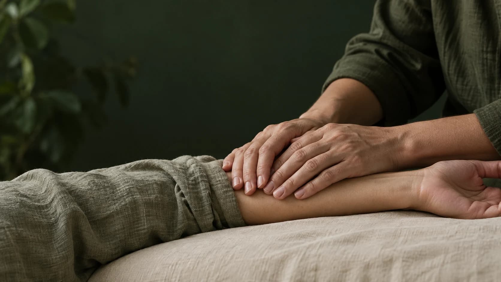 Illustrative generated scene of gentle hands resting on a forearm above ivory linen