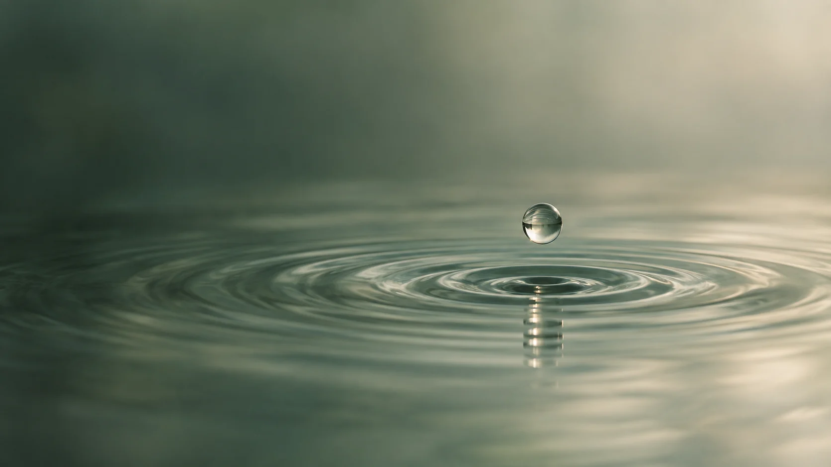 Generated still-water scene with concentric ripples in soft green light